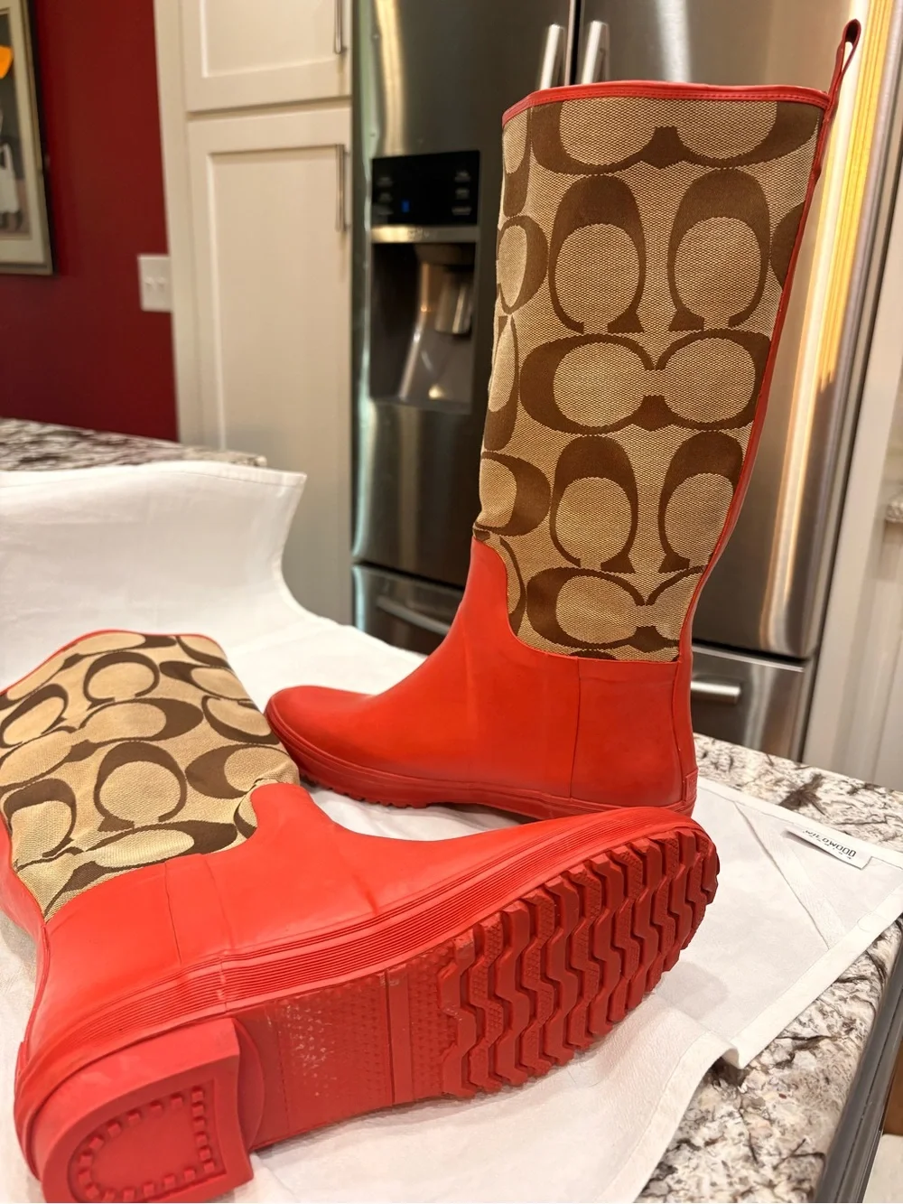 Coach Brown Signature Monogram Rain Boots with Coral Trim
